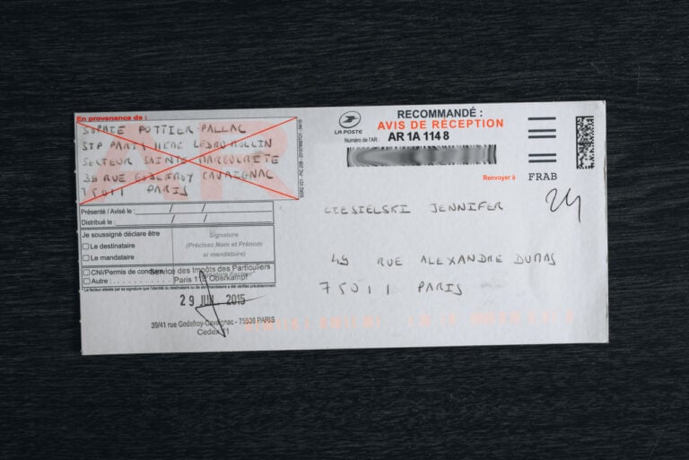 This is an Avis de Reception that was sent to Jen from La Poste. It shows her address in Paris, the recipients address, and proof that it was delivered.