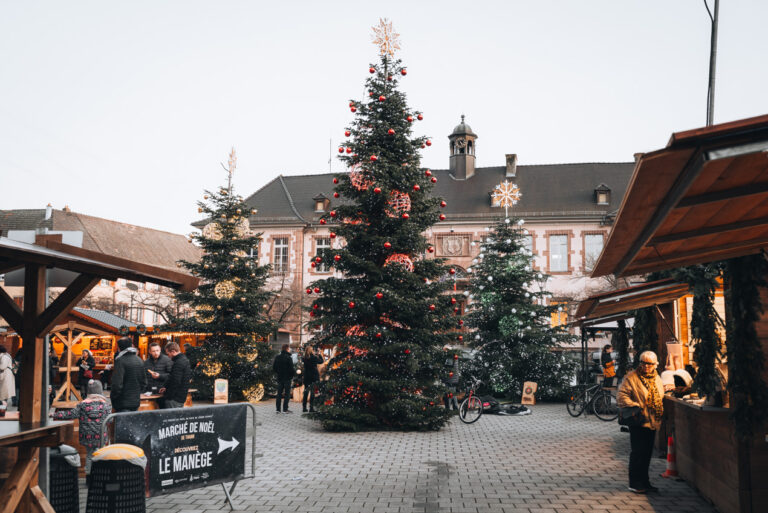 Three Christmas trees, all decorated with ornaments and lights, are surrounded by wooden chalets at the Christmas Market in Thann in Place Joffre.