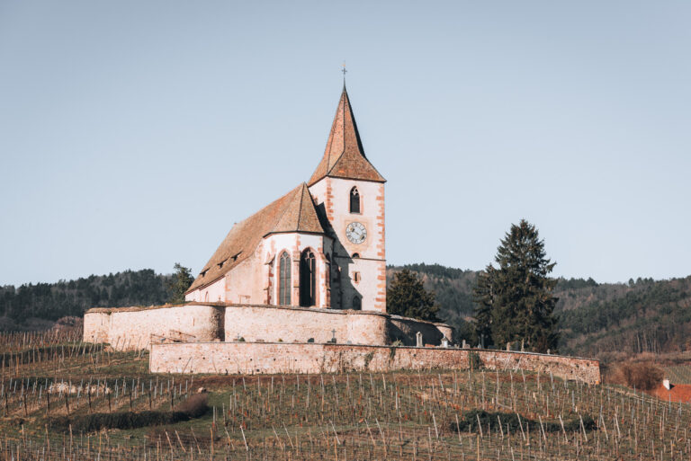 Fortified Church in Hunawihr surrounded by vineyards along the Alsace Wine Route on the walk from Ribeauville to Riquewihr.