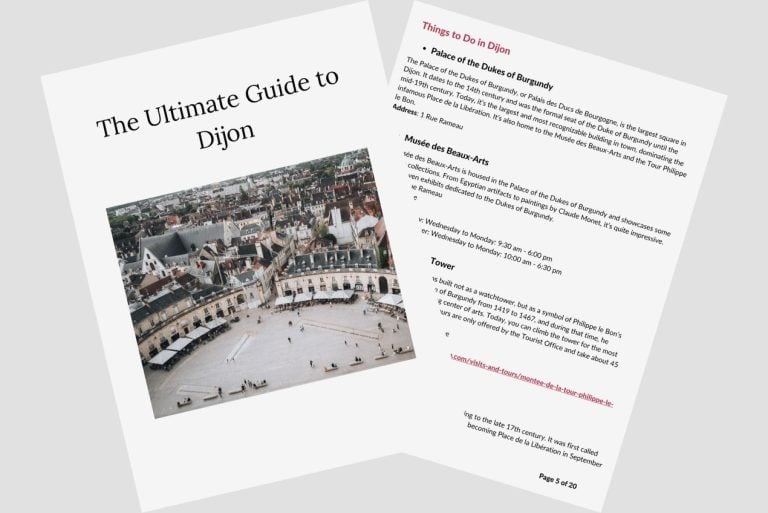 This is the first two pages of the free printable itinerary for this article. It has a picture of Dijon and a list of activities that are offered.