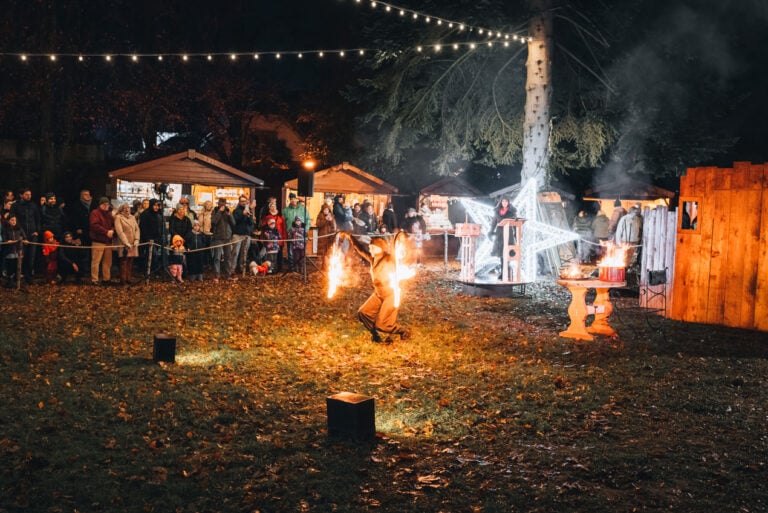 A woman dressed in black holding two burning ropes while dancing in a field. This is the Hans Trapp fire display at the Wissembourg Christmas market. 
