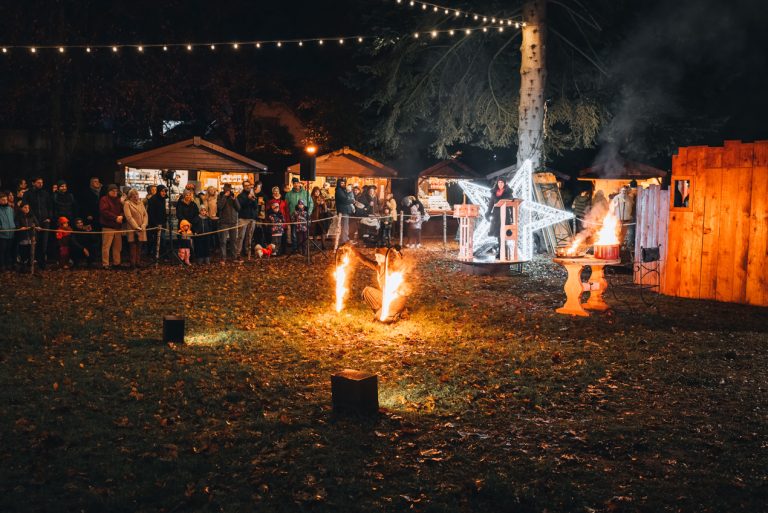 This is the Hans Trapp performance at the Parc du Musée in Wissembourg. There is a person swirling two ropes that are on fire.
