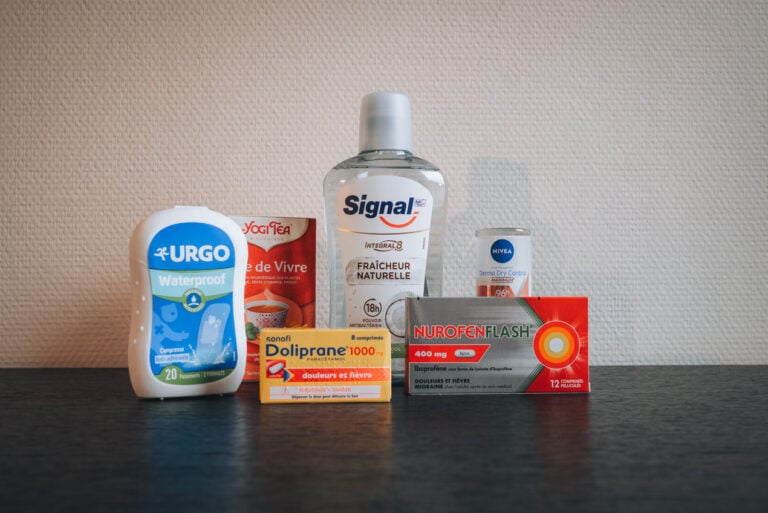 Healthcare products Jen bought from a French pharmacy, including deodorant, medication, and bandaids. The affordable healthcare is one reason Jen loves this country.