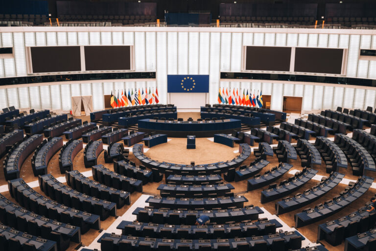 This is the Hemicycle at the European Parliament in Strasbourg. It's a large room with half-circle of seats facing the a desk. There are the flags from all the countries in Europe in the back, including the flag of the European Union.