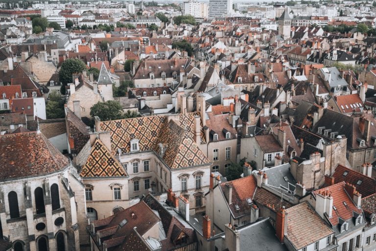 This is the view from the Philippe le Bon Tower in Dijon. It shows the roof tops of all the buildings below the tower. It's one of the best activities to do if you have one day in Dijon.