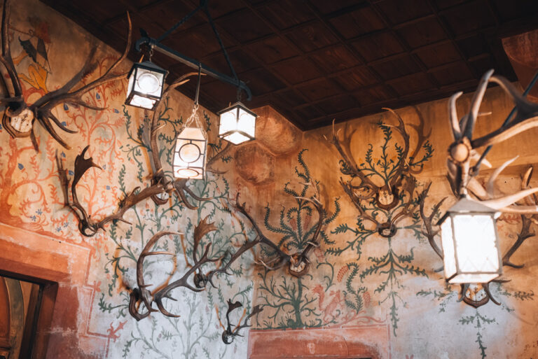 Hunting Trophy Room at the Haut-Koenigsbourg Castle with horns from animals. The dates are listed in the middle of the head. It's one of the most impressive rooms in the castle.