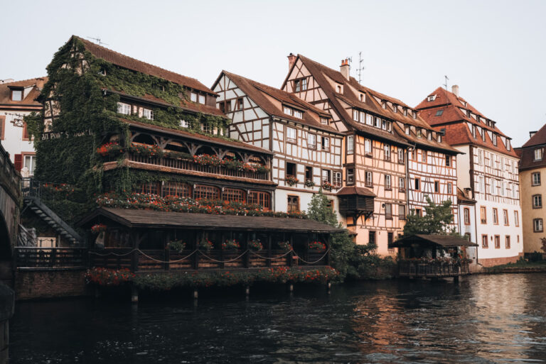 Colorful half timbered houses and canals in Strasbourg’s Petite France district photographed at sunrise. This collage highlights some of the most photogenic Strasbourg Instagram spots featured in the local guide.
