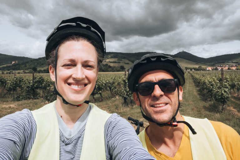 Jen next to her friend Cedric in the vineyards of Alsace. This is one of many friendships Jen has with French people and it shows that French people do like Americans.