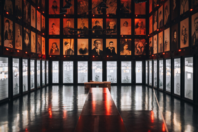 La Salle des Portraits at the Alsace-Moselle Memorial. Pictures are lined along the wall showing all those who lost there lives fighting for Alsace.