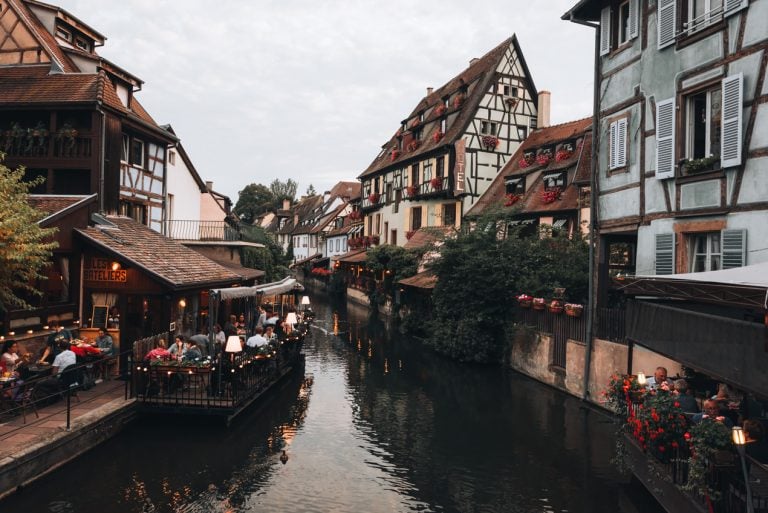 This is the view from the Turenne Bridge. There is the canal lined with colorful half-timbered houses.
