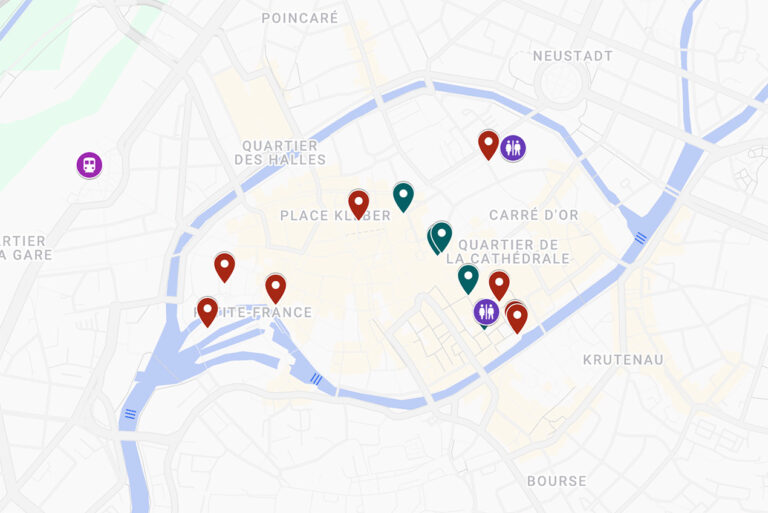 Map of Strasbourg with the location of all the Christmas markets, public bathrooms, Strasbourg's main train station, and streets with the prettiest decorations. Click on the map to open Google Maps.