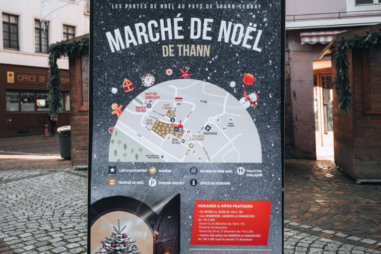 Map of the Christmas markets in Thann. It shows the location as well as the opening times of each market.