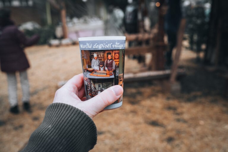 My glass of hot apple cider from Neuf-Brisach. It's in a Christmas mug with holiday scene from the town.