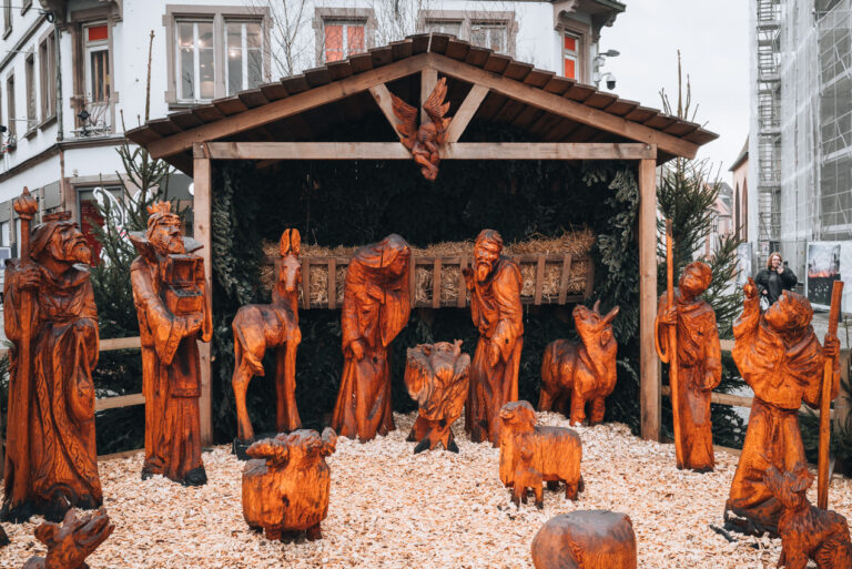 A nativity scene made from hand-carved wood at the Christmas market in Haguenau.