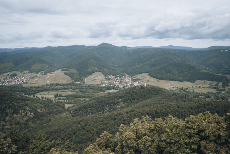 Wide view of the Vosges Mountains from the upper terraces of the Château du Hohlandsbourg with rolling forested hills extending into the distance.