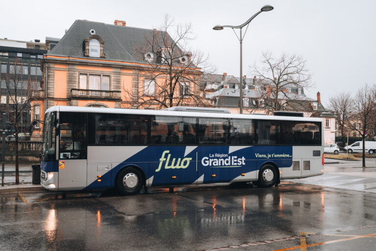 A fluo Grand Est public bus parked in front of Colmar's train station. Colmar makes a great base for explore the smaller villages along the Alsace Wine Route.