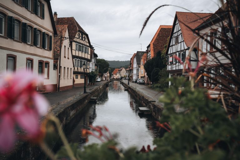 This is the Quartier du Bruch in Wissembourg. It's looking down the canal and either side there are colorful half-timbered houses.