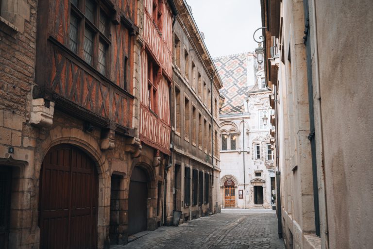 This is Rue Porte aux Lions. It's a street lined with half-timbered houses and at the end is Rue des Forges. And you can see two stone buildings with glazed roof tiles.