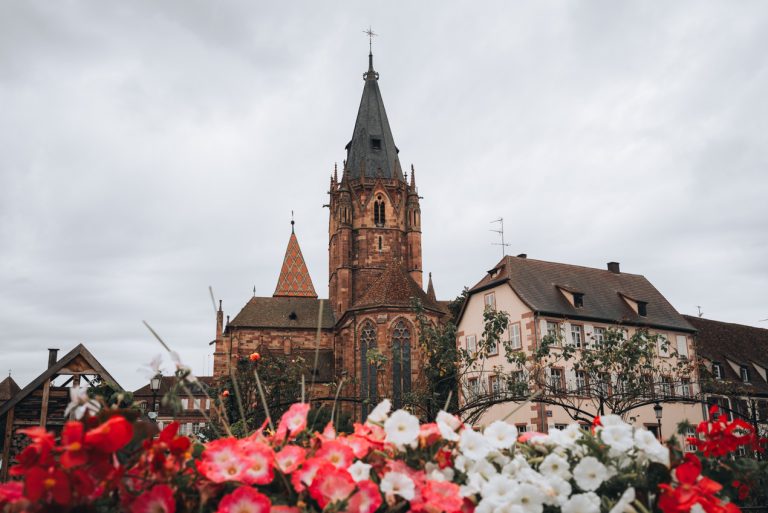 This is the exterior of Saint Peter and Saint Paul Abbey in Wissembourg. There is the steeple and surrounding it are other buildings and flowers.