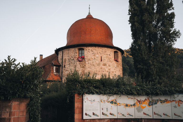 This is the southern end of the Alsace Wine Route in Thann. There is a tower and an information board detailing the history and production of wine in Alsace.