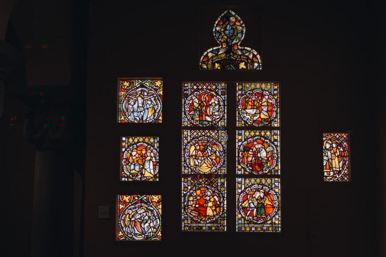 Stained Glass Windows at the Musée de l'Oeuvre Notre-Dame. There are seven panel of stained glass windows. Each one shows a different scene from the Bible.
