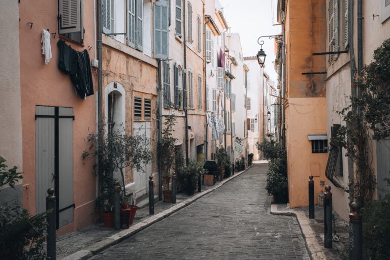 This is a street in Le Panier. It's a cobbled street lined with colorful buildings and window sills. Then there are plants lining either side of the street.