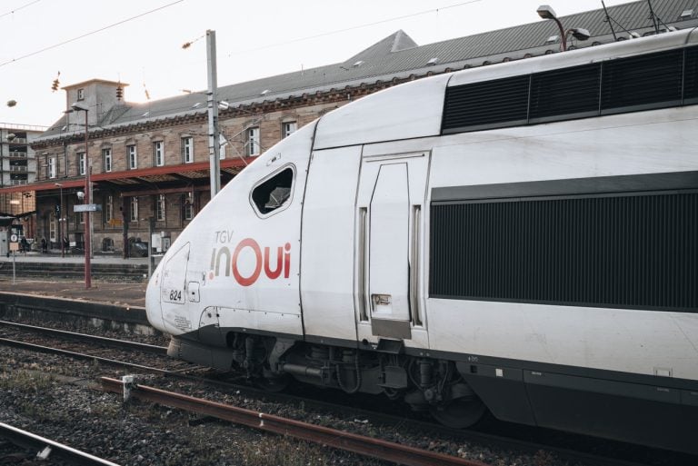 This is the front of a TGV train that is parked at the train station in Strasbourg. This is the train I took from the airport in Paris to Alsace.