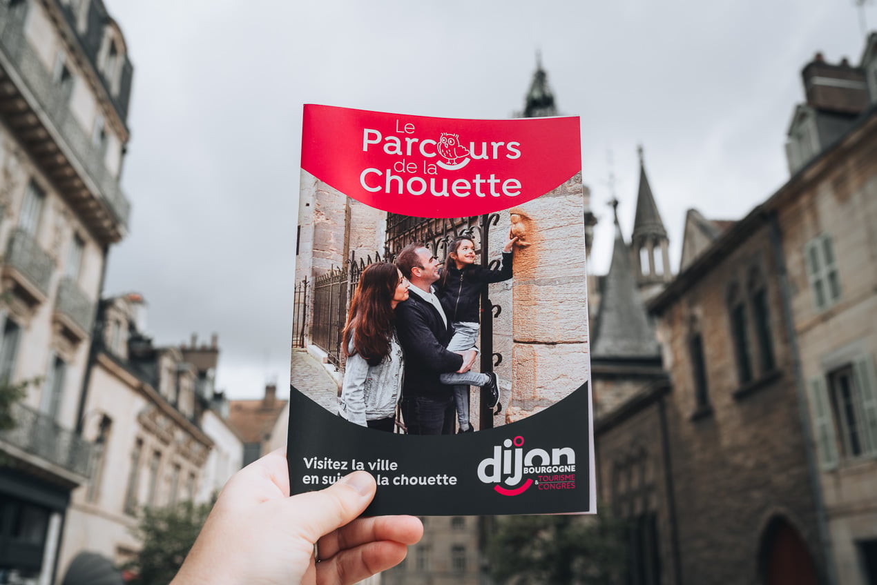 This is a photo of me, Jen Ciesielski, holding my Dijon Owl Trail map and booklet in front of the Notre Dame Church.