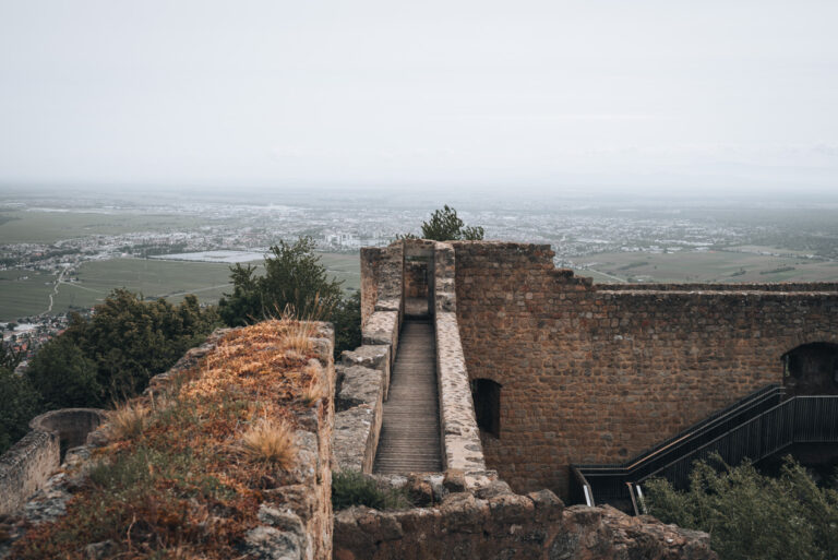 Panorama view from upper walls of Hohlandsbourg Castle with Colmar in the distance.