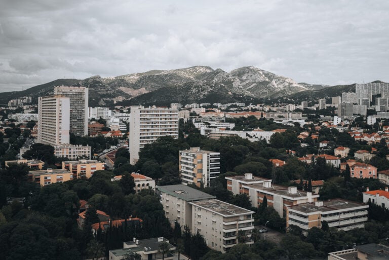 This is the view from view from La Cité Radieuse – Le Corbusier. There are buildings surrounded by trees in the foreground then mountains in the distance.