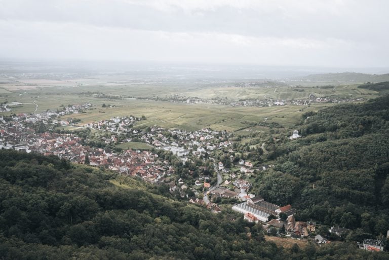 This is the view of Ribeauvillé from from the Château du Giersberg. There are the rooftops, vineyards, and surrounding hills.