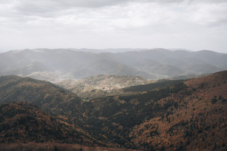 Panorama from the Grand Ballon Panorama Tour with rolling hills covered in trees.