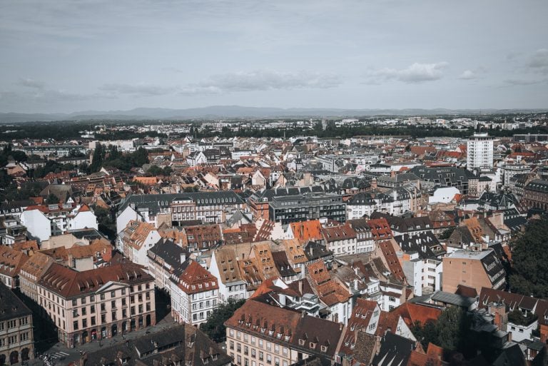 This is the view from the top of the Strasbourg Cathedral. There are the roof tops and in the distance the outline of the Vosges mountains.