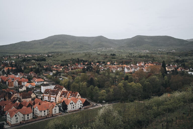 Panoramic view from Mont National in Obernai showing the Vosges mountains stretching across the horizon above vineyards and village rooftops. This scenic overlook is a highlight viewpoint along the wine route.