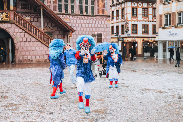 Waggies dancing at the Carnival in Place de la Réunion in Mulhouse in February. This a great activity to do after the Christmas markets have closed in Alsace.