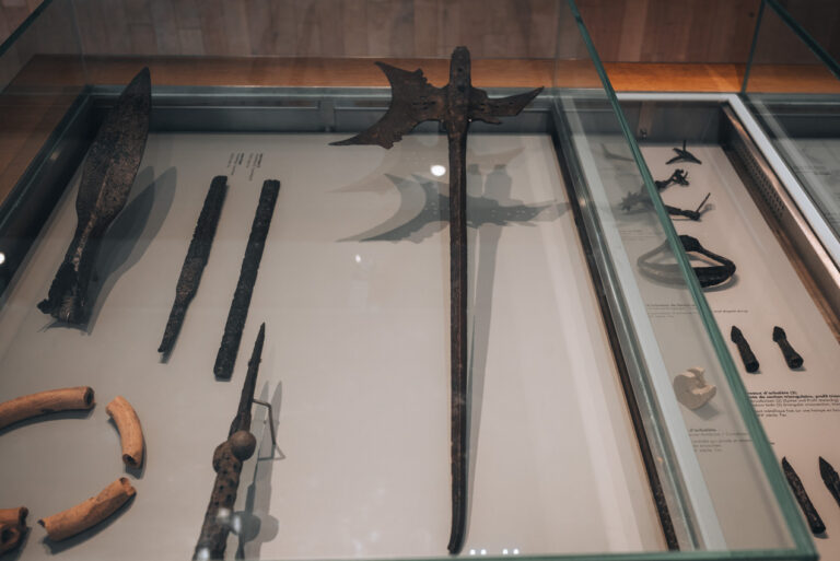 Collection of medieval weapons displayed inside the museum at the Château du Hohlandsbourg including swords, polearms, and an axe. The exhibits help tell the story of the castle's military history.