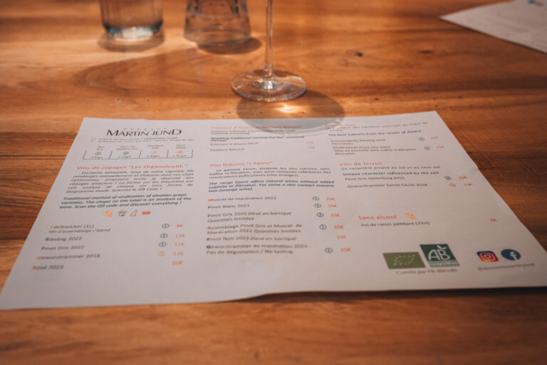 Menu of the different kinds of wine tastings you can do at Domaine Martin Jund. 