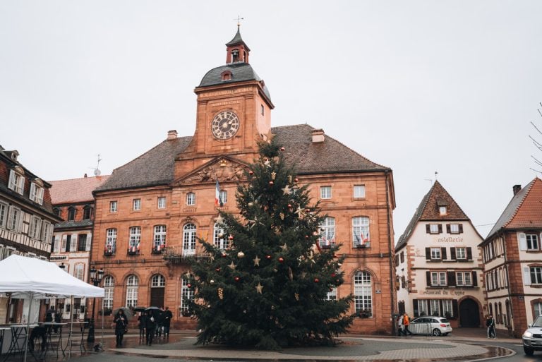 A large Christmas tree at Place de la République at the Christmas market in Wissembourg. It's in front of the Hôtel de Ville and it's decorated with lights and ornaments.